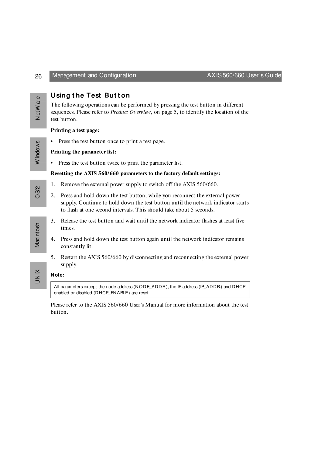 Axis Communications 660 manual Using the Test Button, Printing a test, Printing the parameter list 