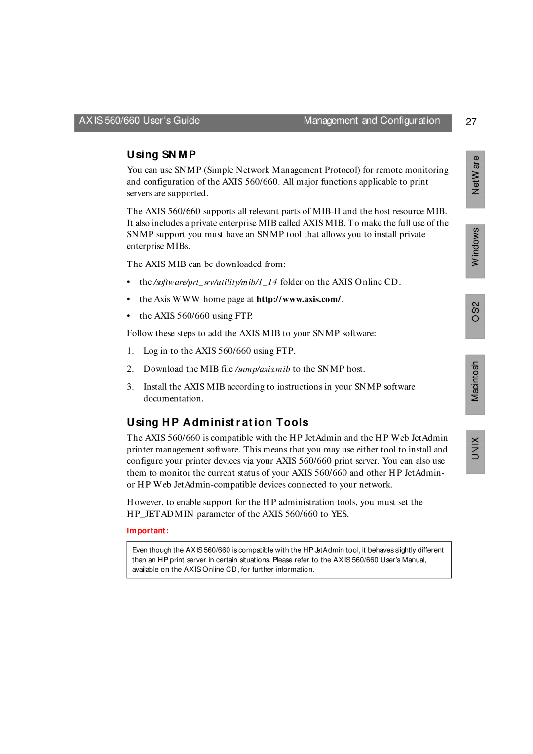 Axis Communications 660 manual Using Snmp, Using HP Administration Tools 