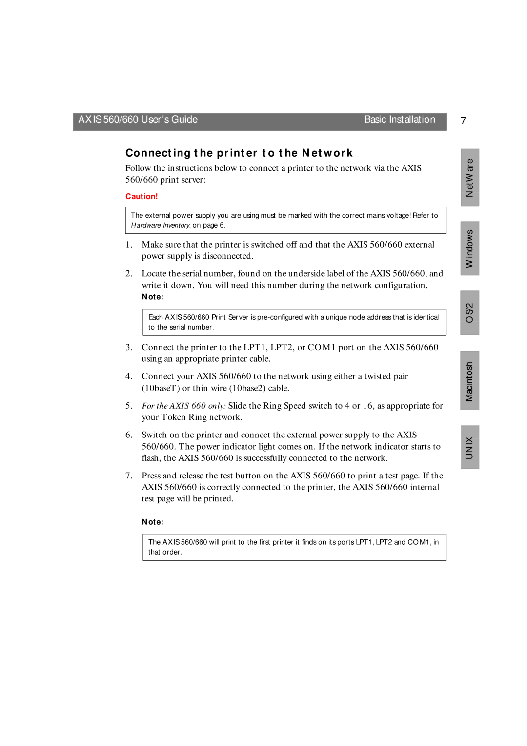 Axis Communications 660 manual Connecting the printer to the Network, OS/2 Windows NetWare 