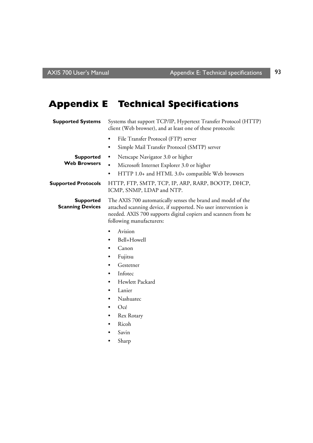 Axis Communications 700 Client Web browser, and at least one of these protocols, File Transfer Protocol FTP server, Canon 