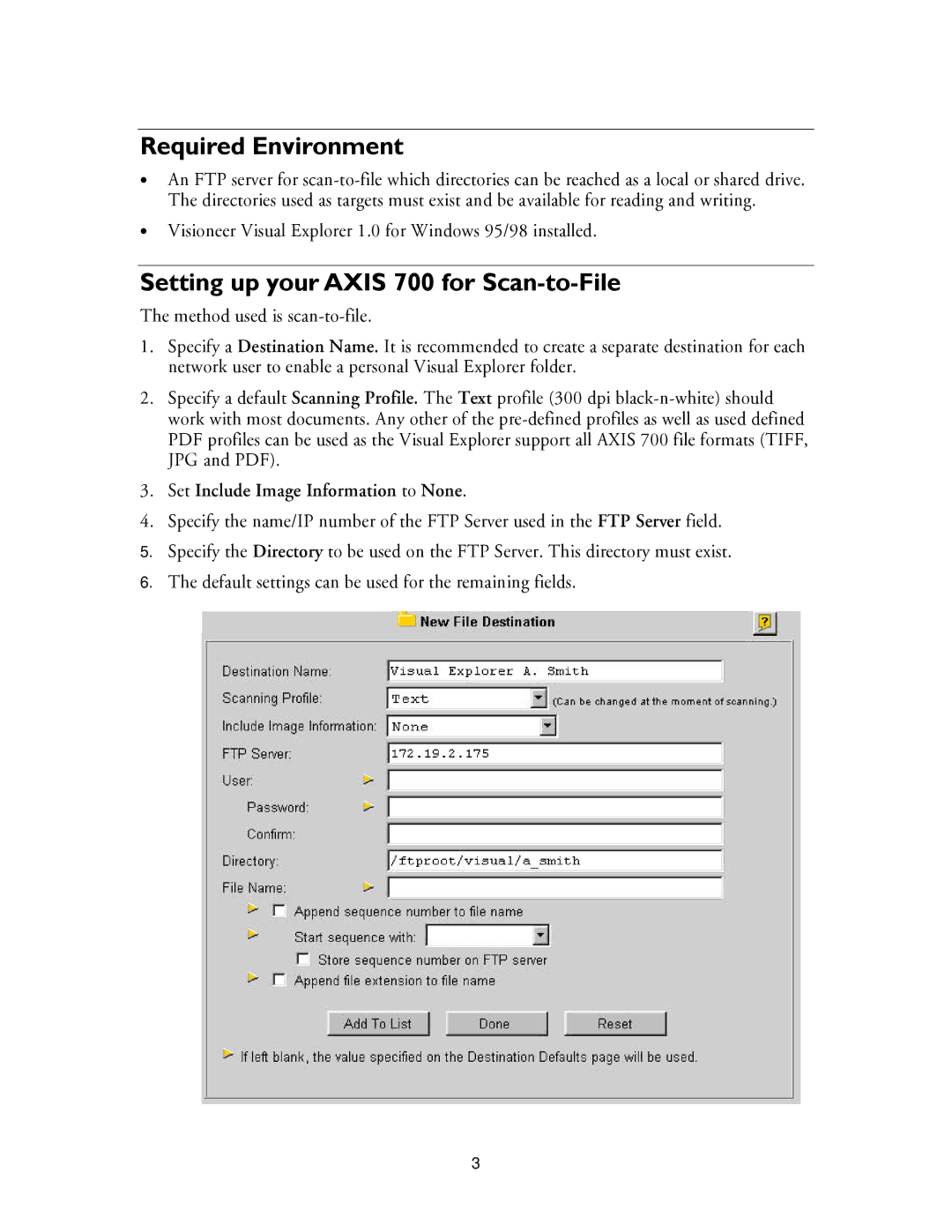 Axis Communications manual Required Environment, Setting up your Axis 700 for Scan-to-File 