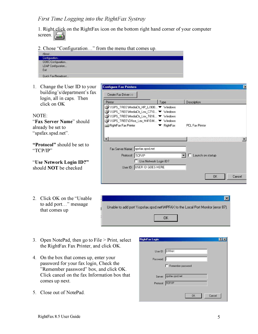 Axis Communications 8.5 manual First Time Logging into the RightFax Systray, Use Network Login ID? should not be checked 