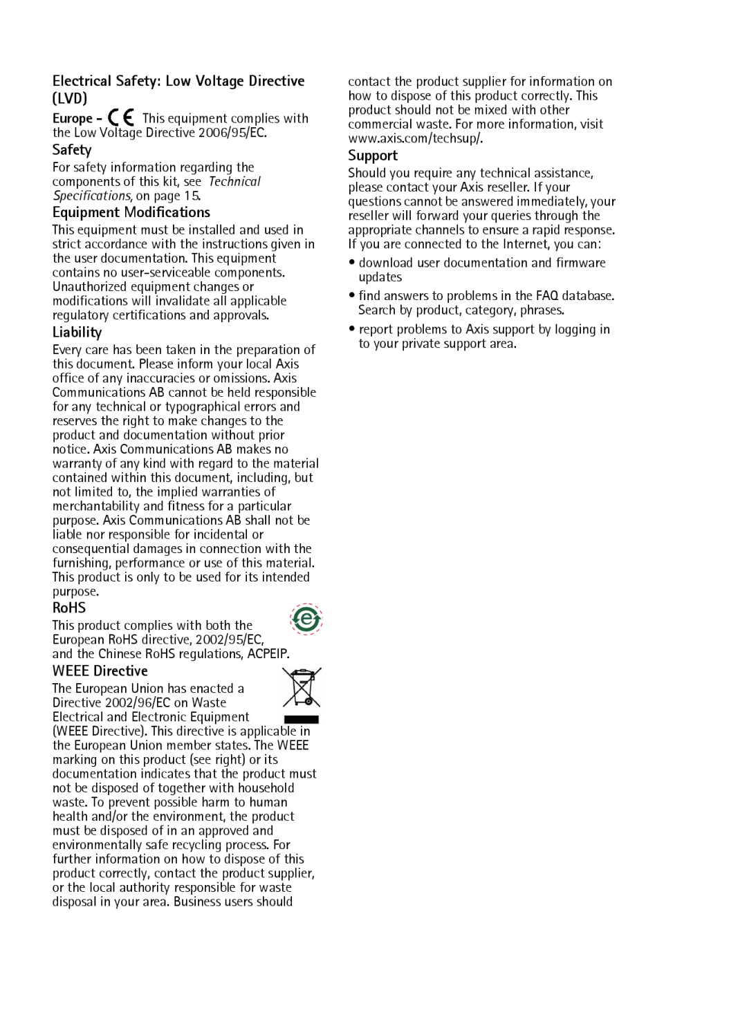 Axis Communications A 120 V AC, B 230 V AC manual Electrical Safety Low Voltage Directive LVD 