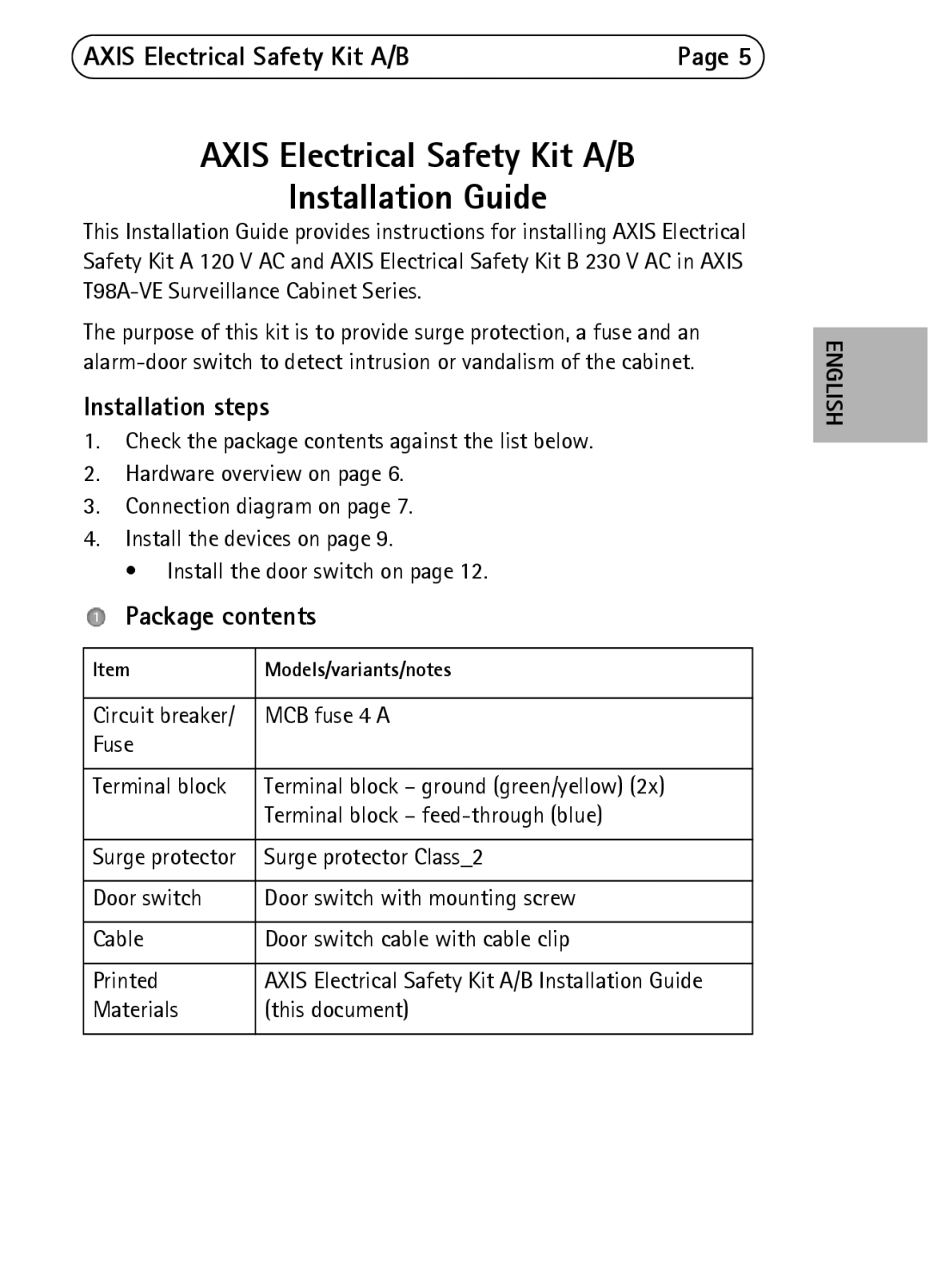 Axis Communications B 230 V AC, A 120 V AC manual Axis Electrical Safety Kit A/B, Installation steps, Package contents 