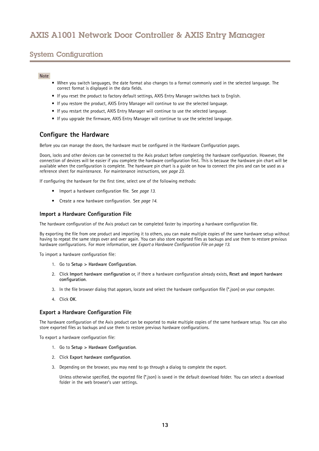 Axis Communications A1001 Configure the Hardware, Import a Hardware Configuration File, Go to Setup Hardware Configuration 