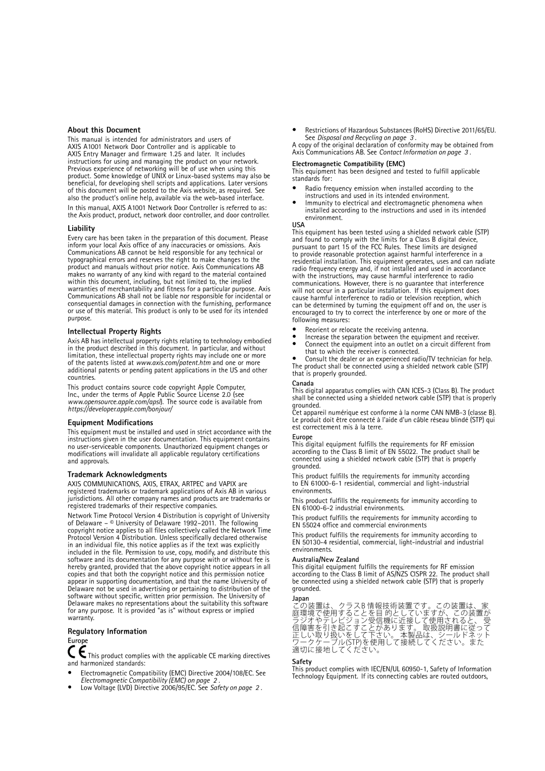 Axis Communications A1001 user manual About this Document, Liability, Intellectual Property Rights Equipment Modifications 