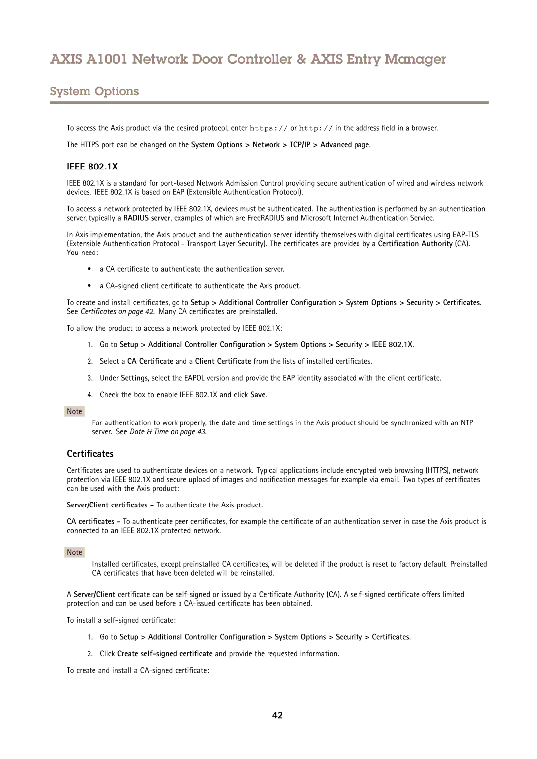 Axis Communications A1001 user manual Certificates, To allow the product to access a network protected by Ieee 