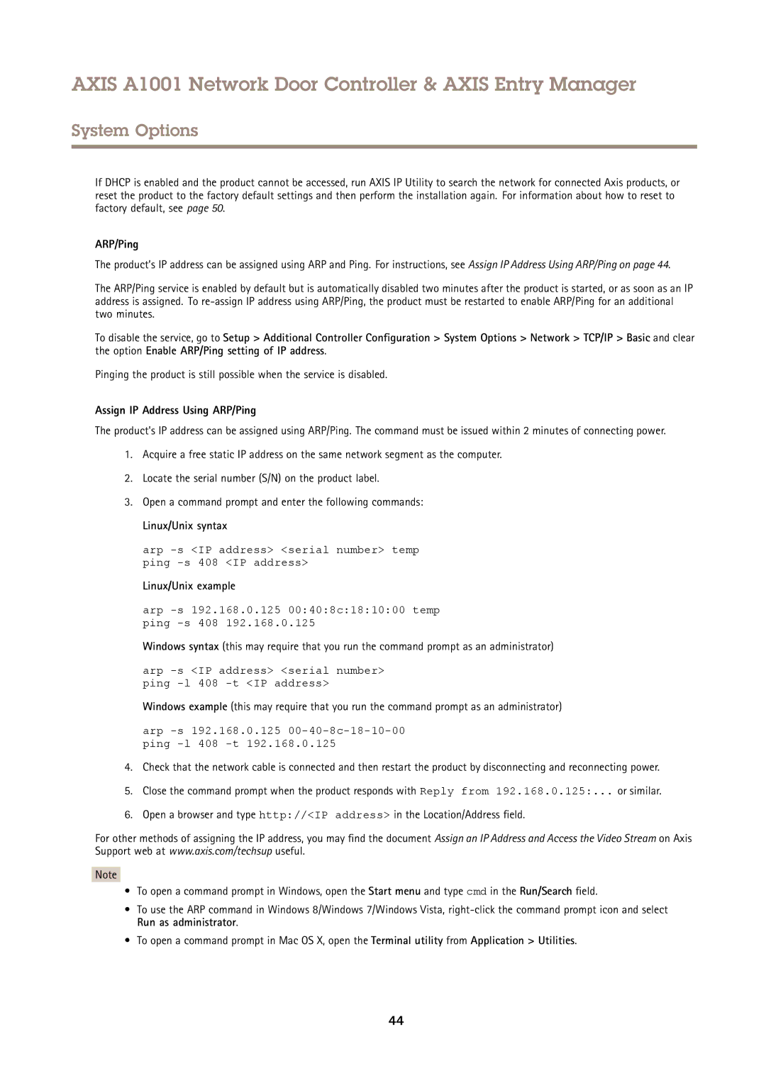 Axis Communications A1001 user manual Assign IP Address Using ARP/Ping, Linux/Unix syntax, Linux/Unix example 