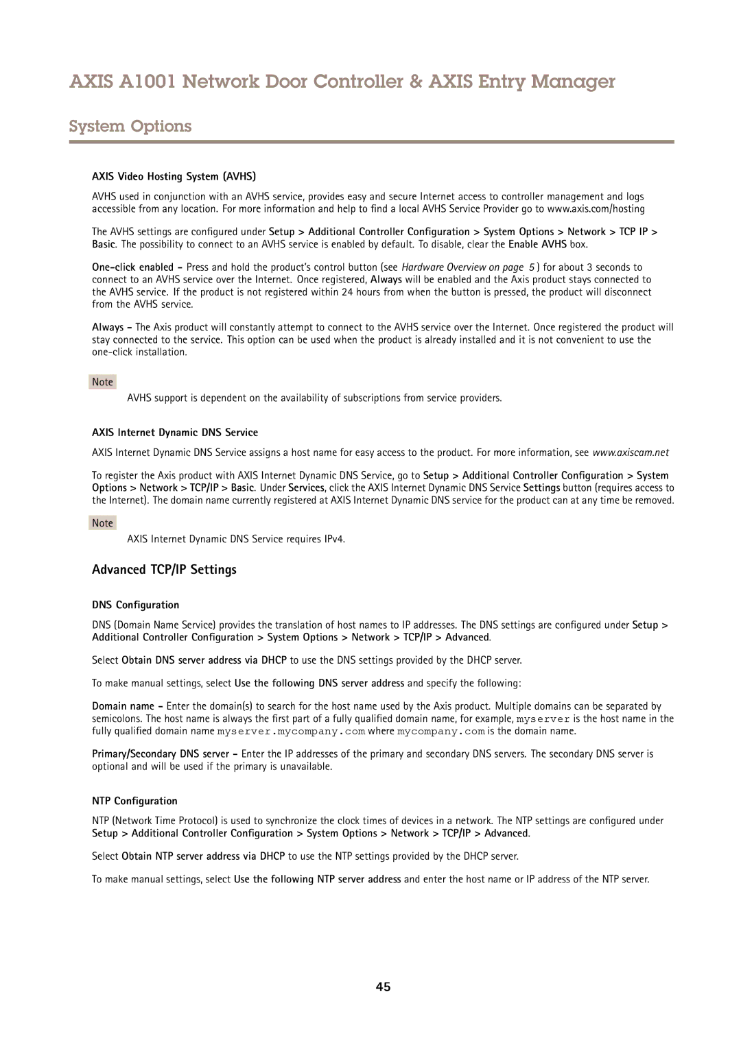 Axis Communications A1001 Advanced TCP/IP Settings, Axis Video Hosting System Avhs, Axis Internet Dynamic DNS Service 