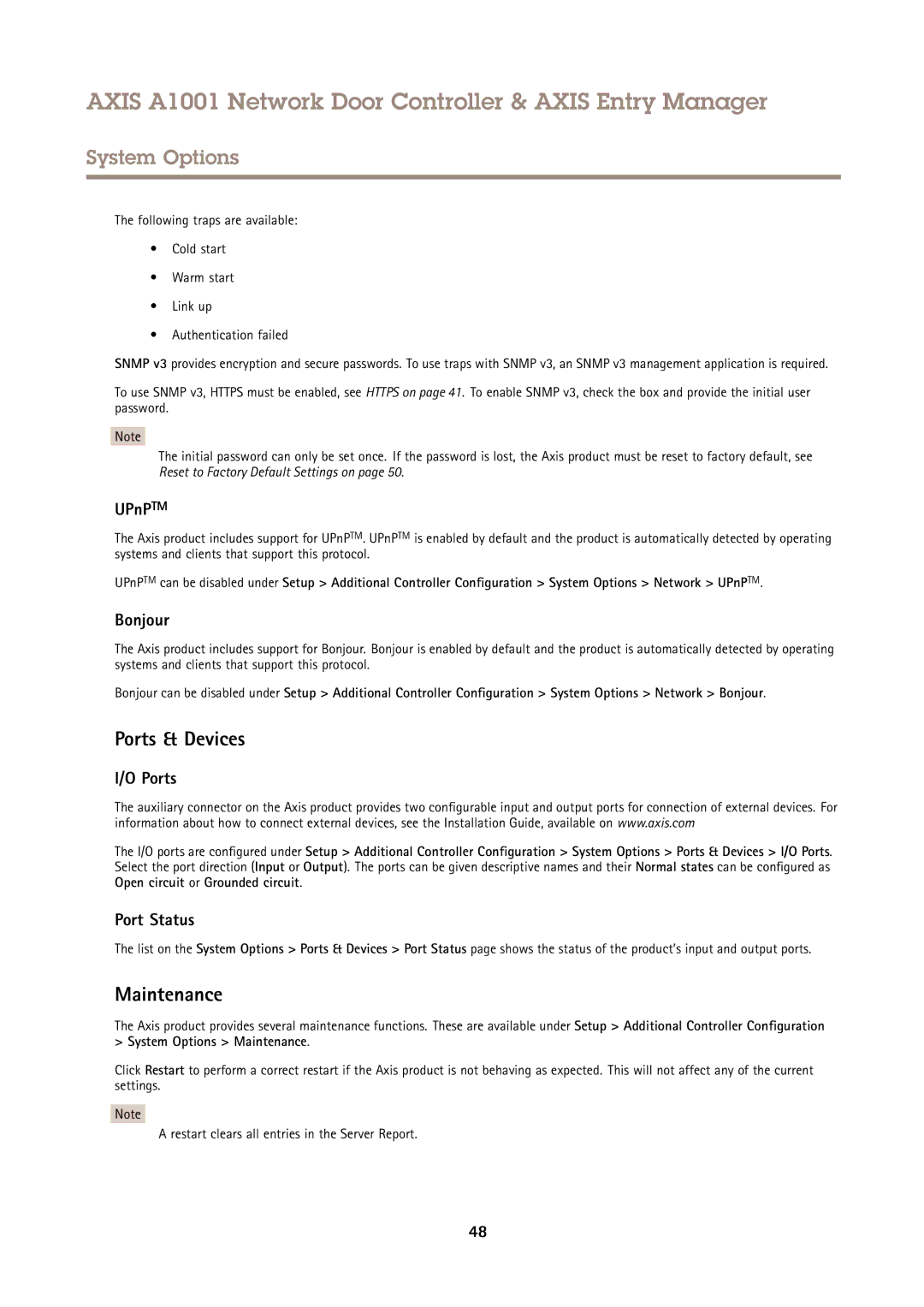 Axis Communications A1001 user manual Ports & Devices, Maintenance 