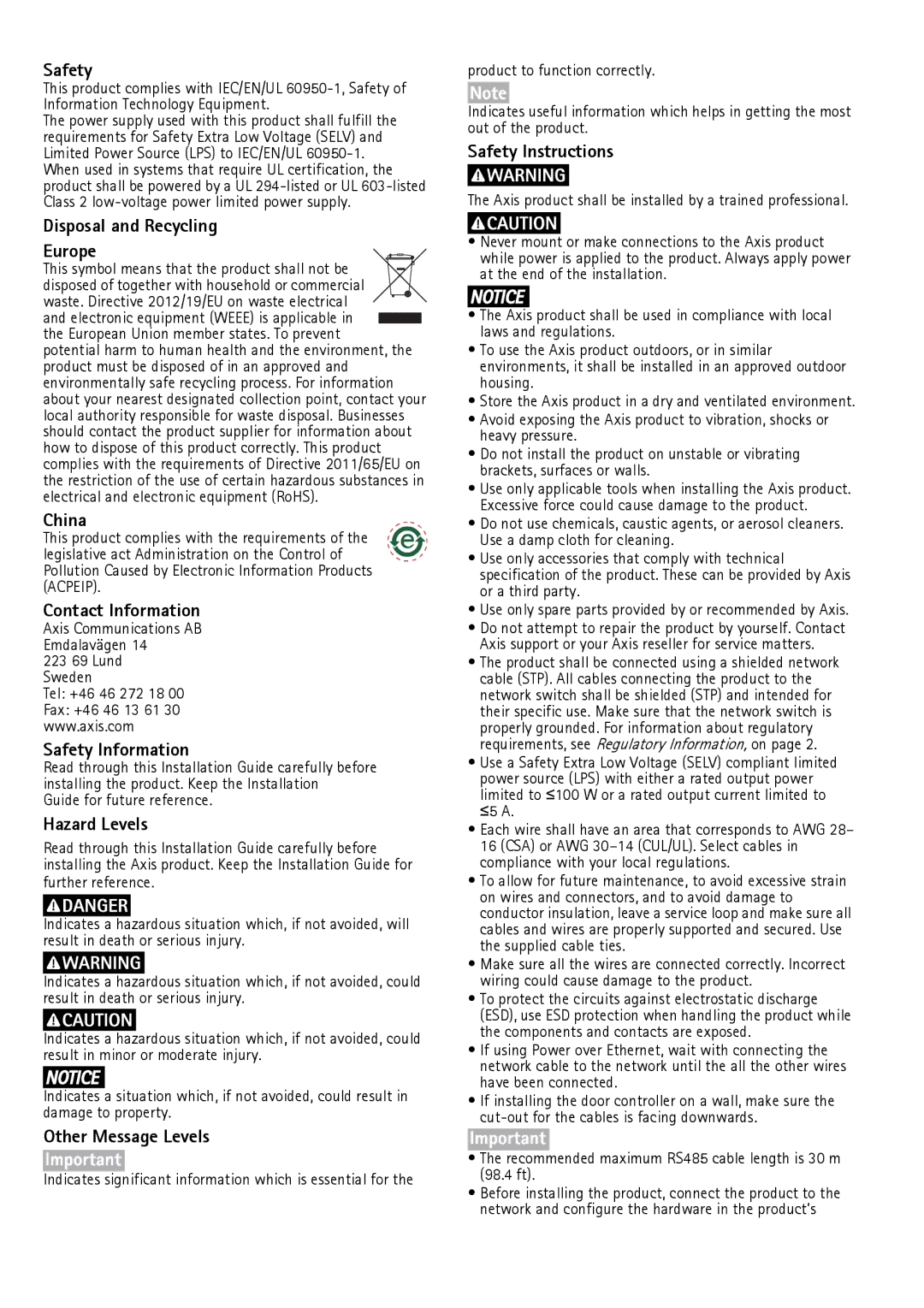 Axis Communications A1001 manual Contact Information 