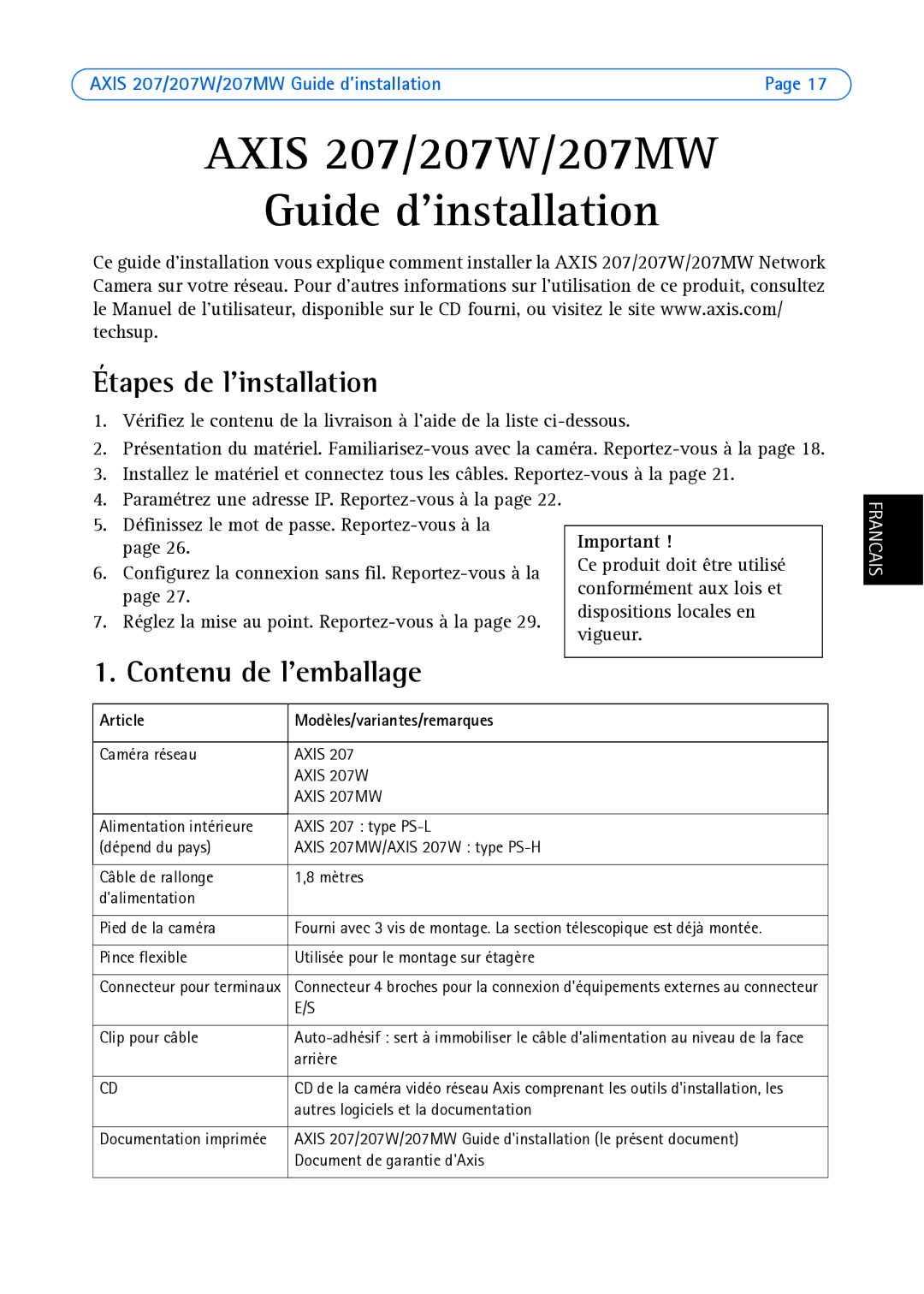 Axis Communications AXIS 207W manual Étapes de linstallation, Contenu de lemballage, Article Modèles/variantes/remarques 