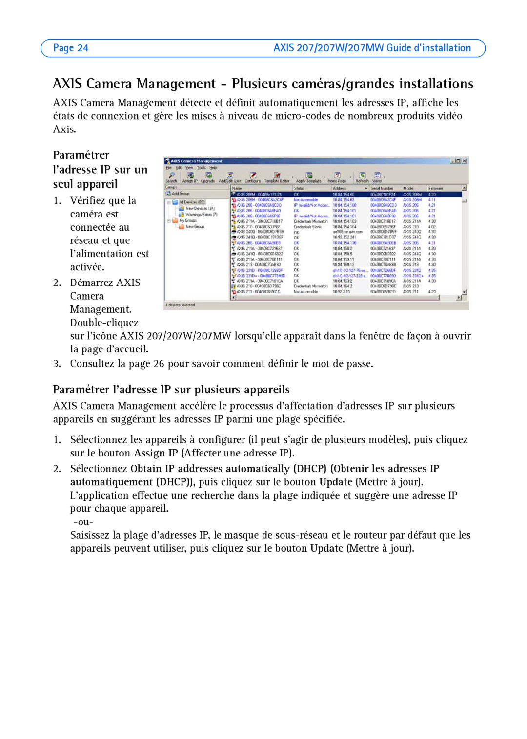 Axis Communications AXIS 207MW Paramétrer ladresse IP sur un seul appareil, Paramétrer ladresse IP sur plusieurs appareils 