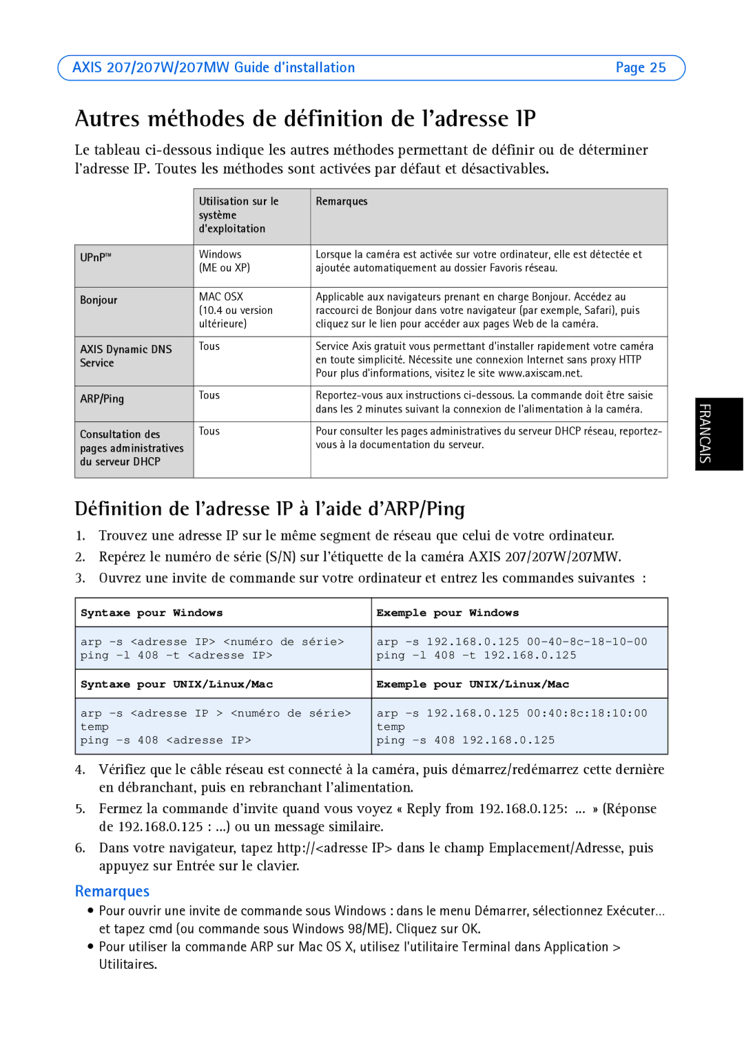 Axis Communications AXIS 207 Autres méthodes de définition de ladresse IP, Définition de ladresse IP à laide dARP/Ping 