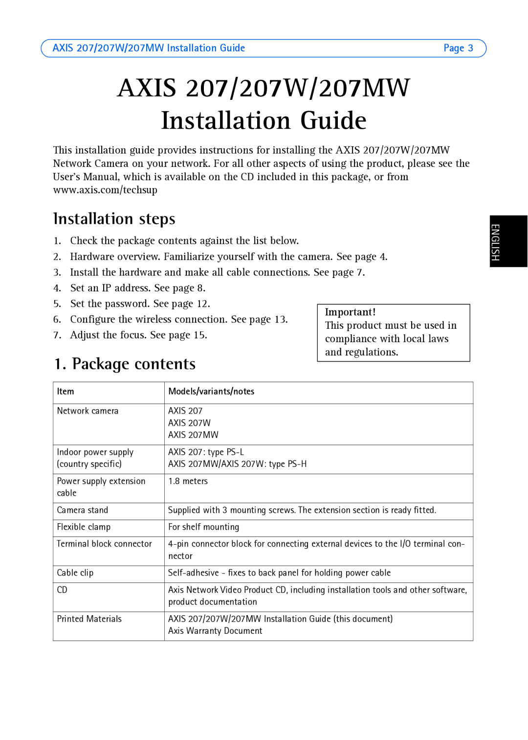 Axis Communications AXIS 207MW, AXIS 207W manual Installation steps, Package contents 