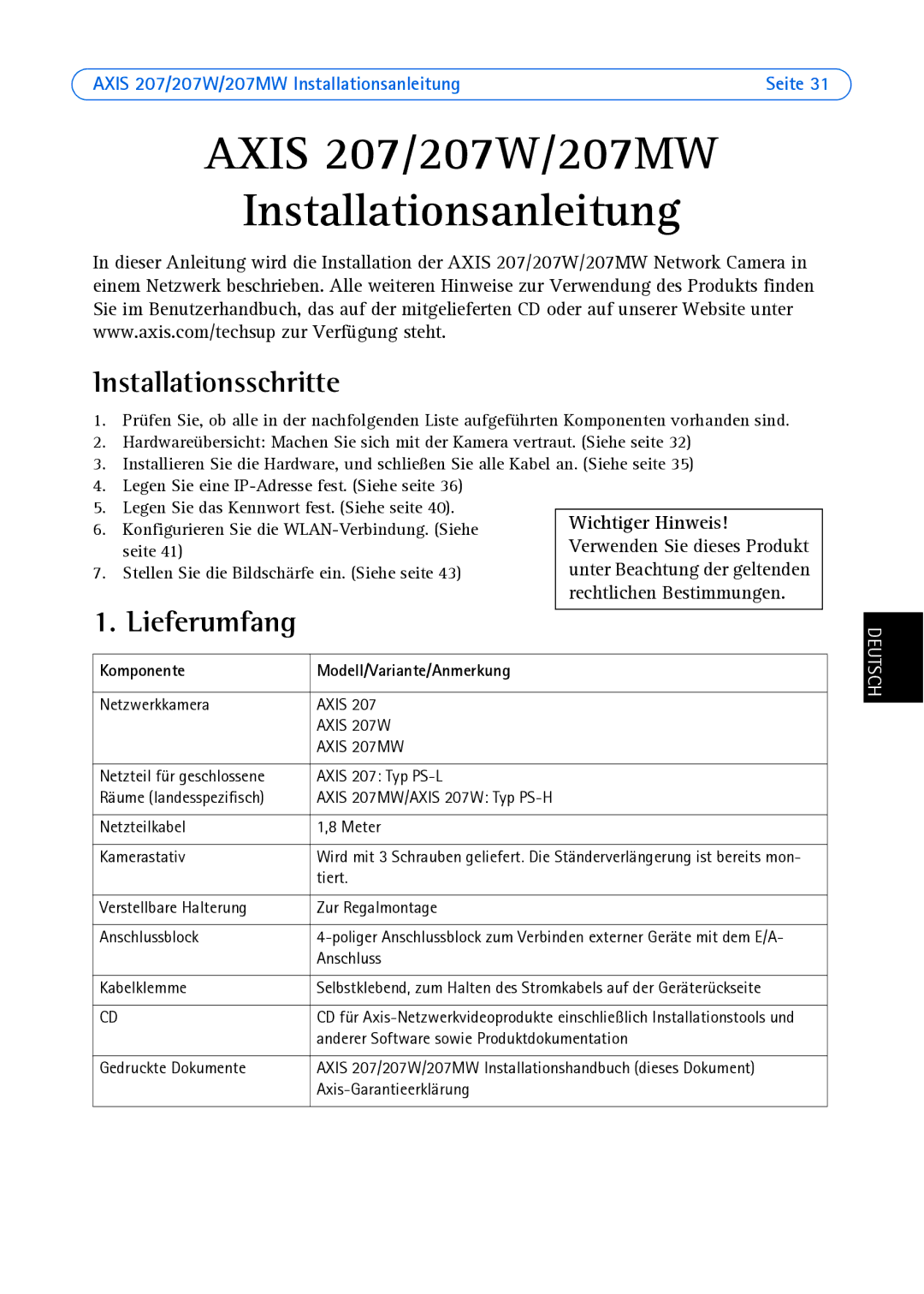 Axis Communications AXIS 207MW, AXIS 207W manual Installationsschritte, Komponente 