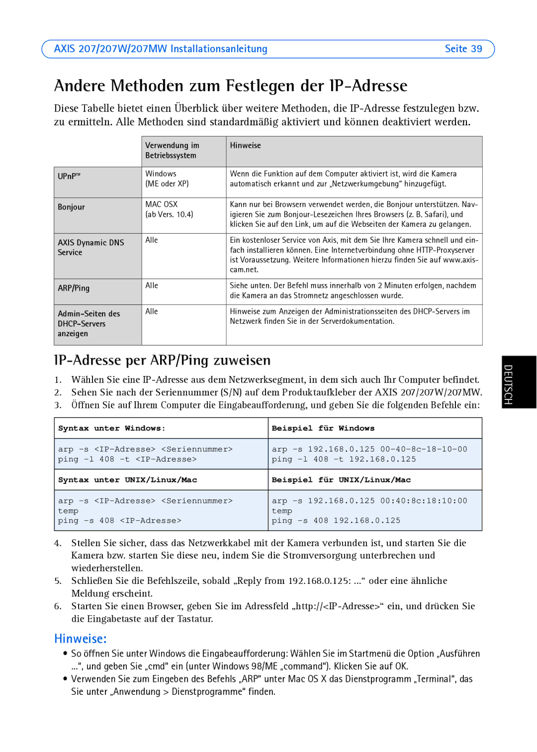 Axis Communications AXIS 207MW, AXIS 207W Andere Methoden zum Festlegen der IP-Adresse, IP-Adresse per ARP/Ping zuweisen 