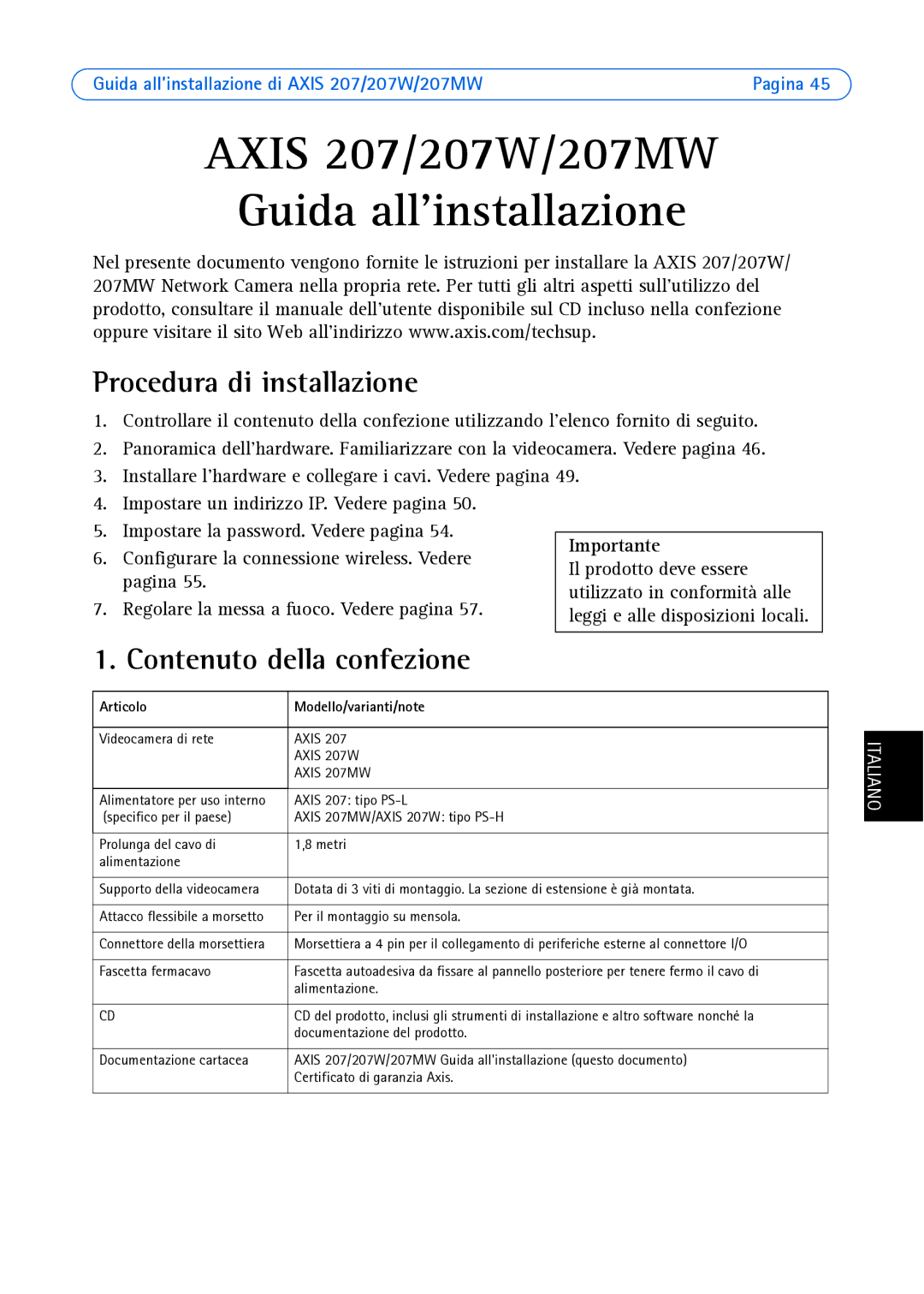 Axis Communications AXIS 207MW Procedura di installazione, Contenuto della confezione, Articolo Modello/varianti/note 