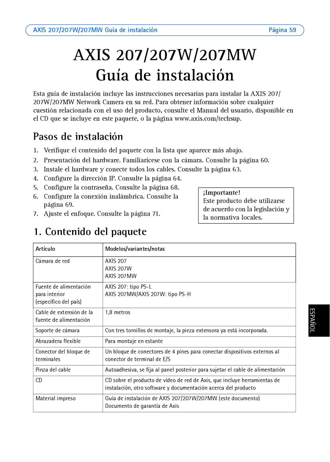 Axis Communications AXIS 207W, AXIS 207MW Pasos de instalación, Contenido del paquete, Artículo Modelos/variantes/notas 