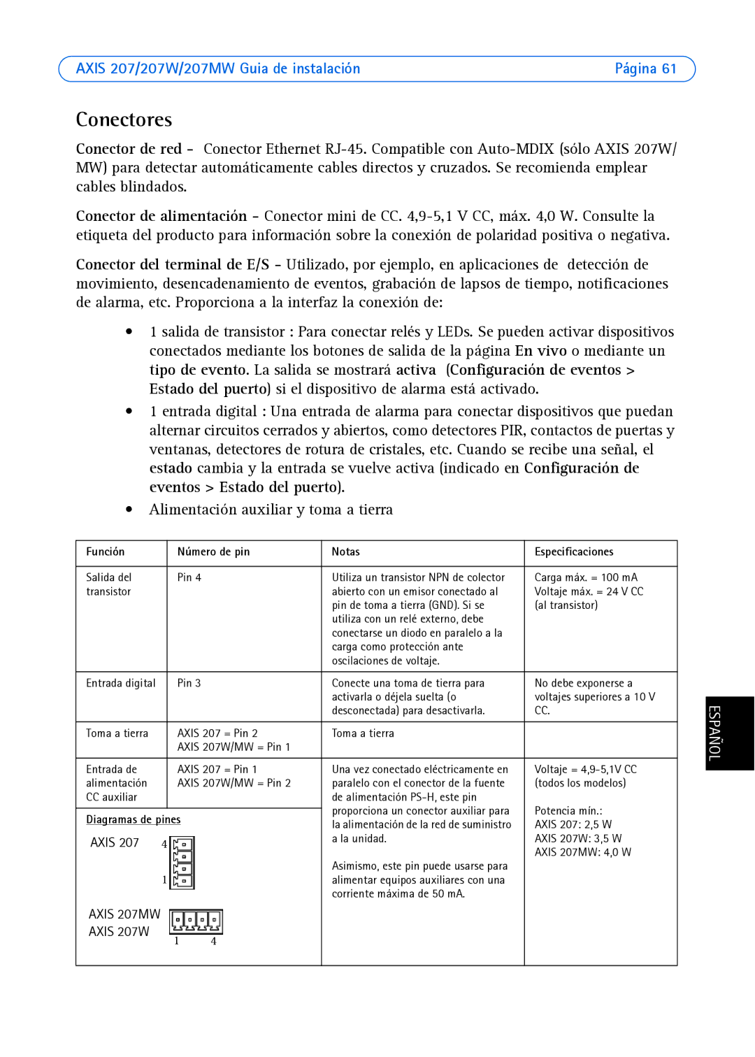 Axis Communications AXIS 207MW, AXIS 207W Conectores, Función Número de pin Notas Especificaciones, Diagramas de pines 