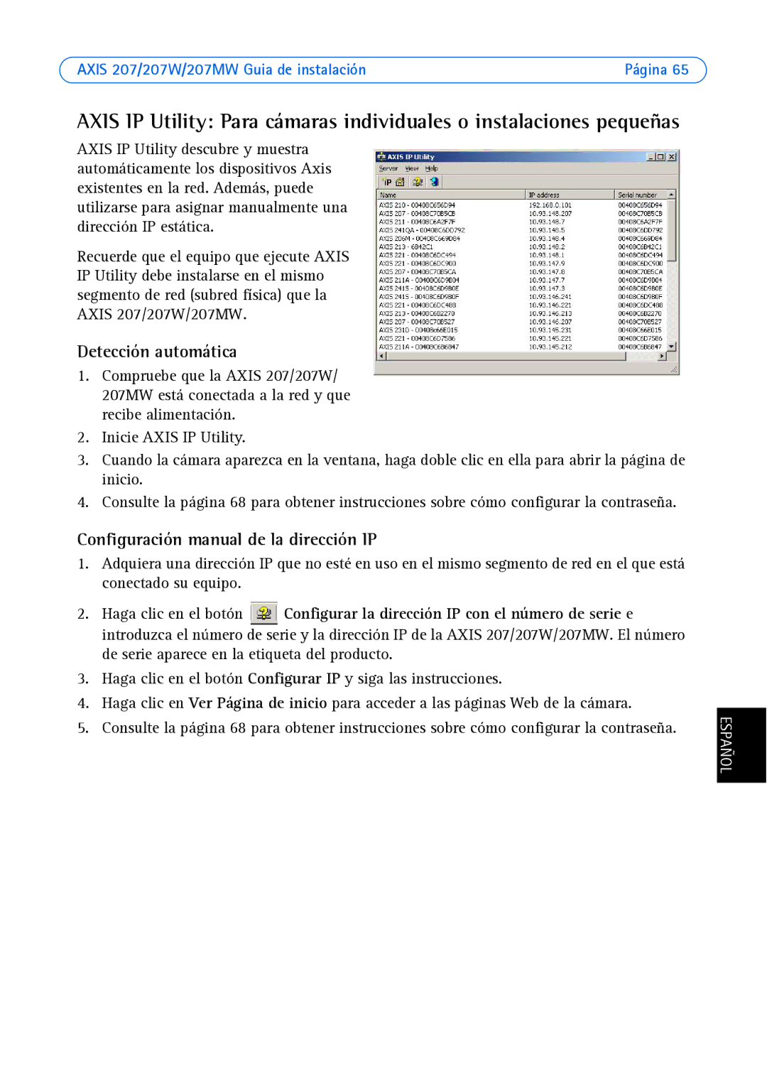 Axis Communications AXIS 207W, AXIS 207MW Detección automática, Configuración manual de la dirección IP 