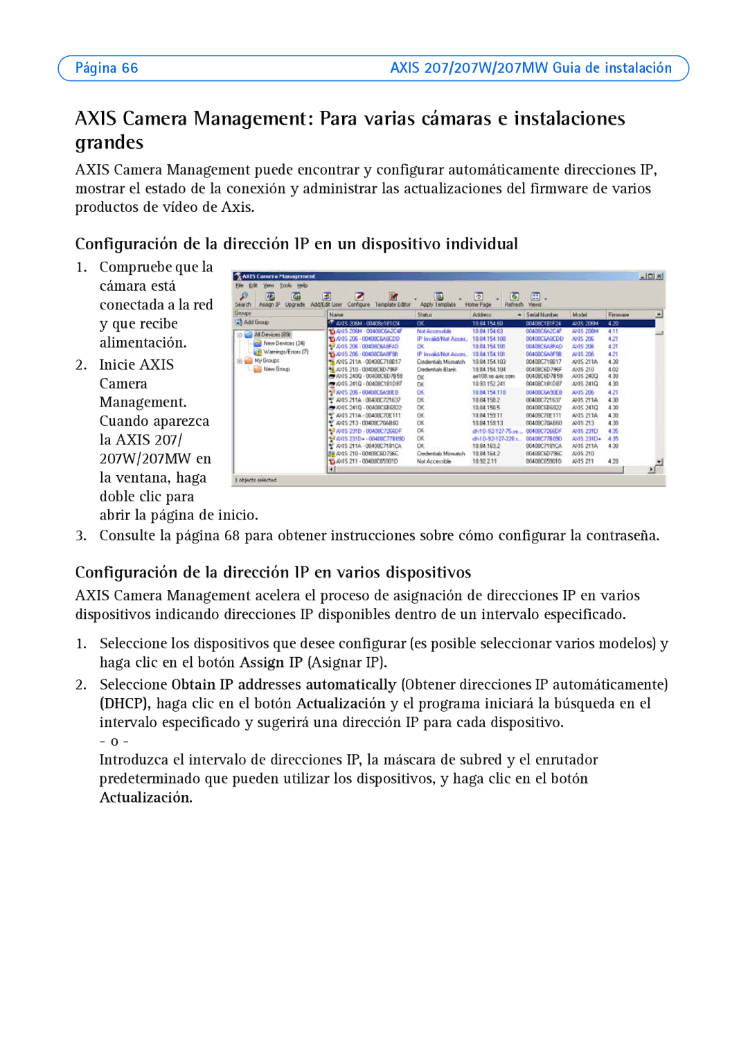 Axis Communications AXIS 207MW, AXIS 207W manual Configuración de la dirección IP en varios dispositivos 