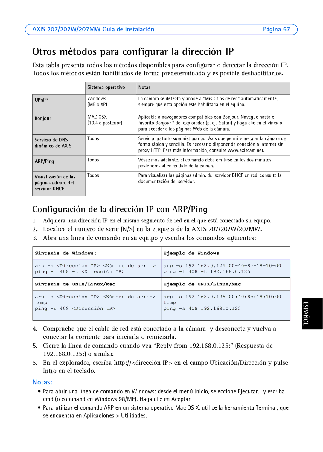 Axis Communications AXIS 207 Otros métodos para configurar la dirección IP, Configuración de la dirección IP con ARP/Ping 