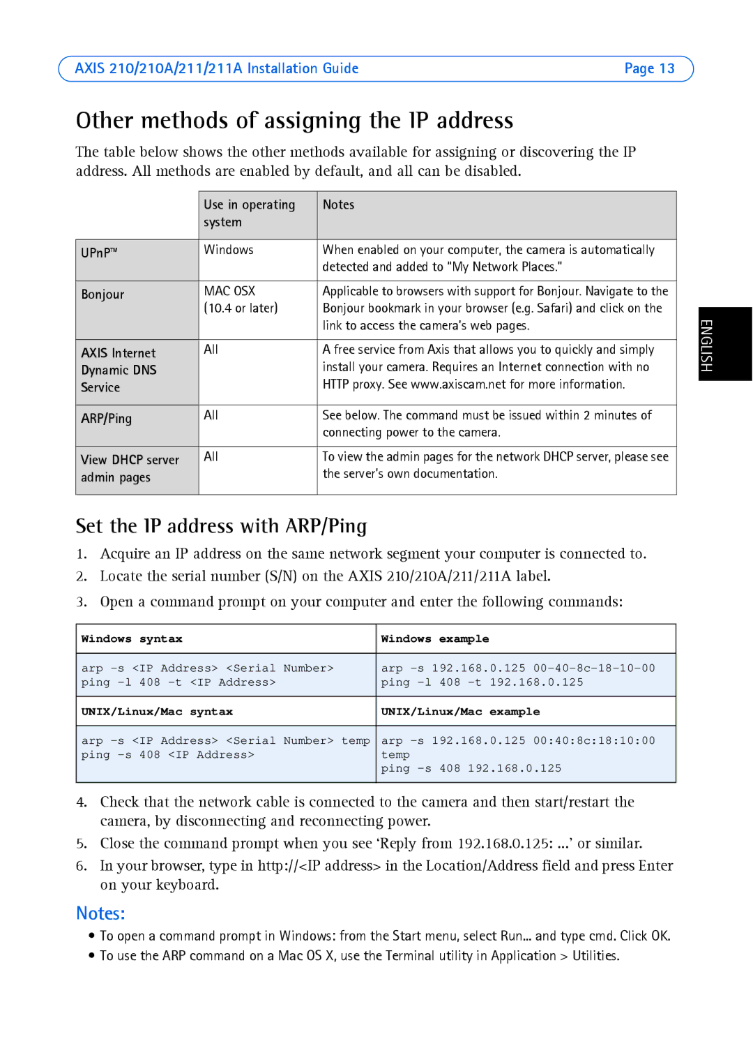 Axis Communications Axis 210A, Axis 211 manual Other methods of assigning the IP address, Set the IP address with ARP/Ping 