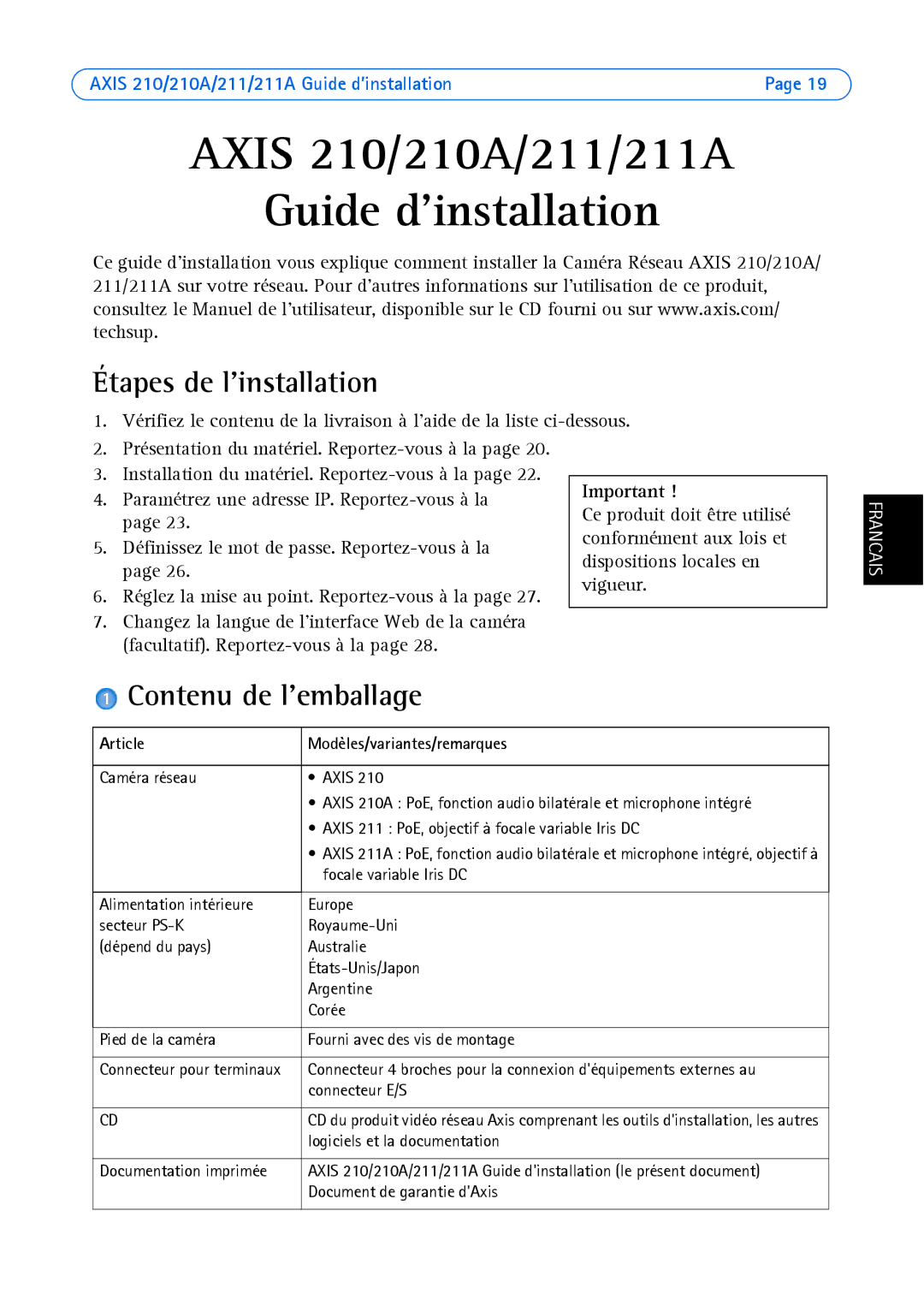 Axis Communications Axis 210A manual Étapes de linstallation, Contenu de lemballage, Article Modèles/variantes/remarques 