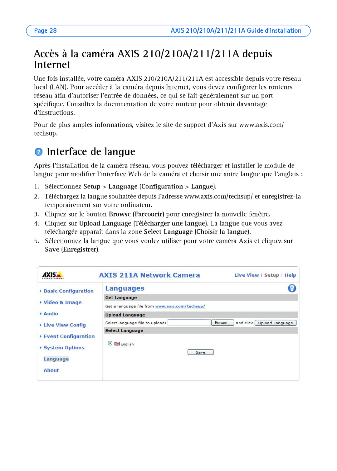 Axis Communications Axis 210A, Axis 211 manual Accès à la caméra Axis 210/210A/211/211A depuis Internet, Interface de langue 