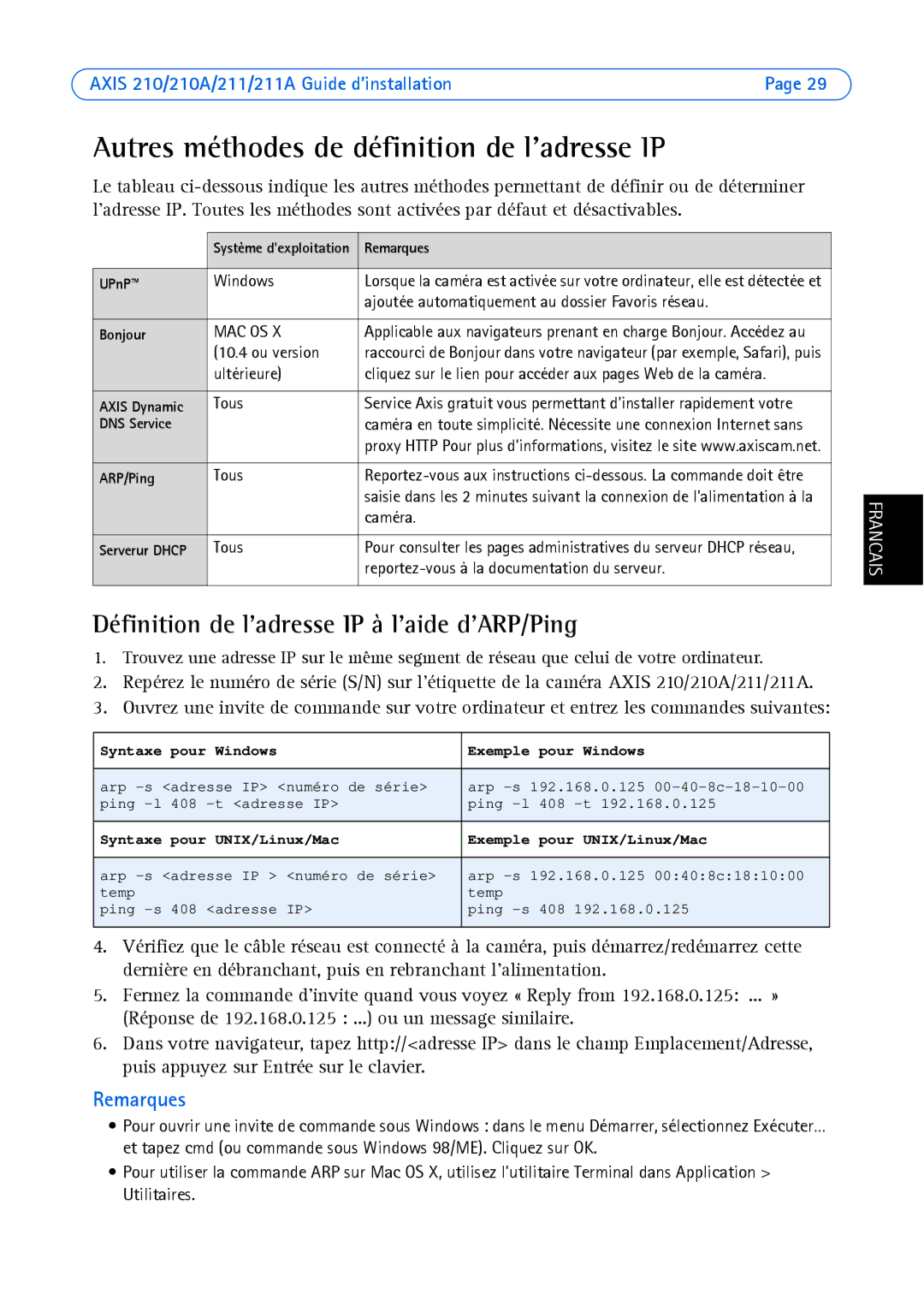 Axis Communications Axis 211 Autres méthodes de définition de ladresse IP, Définition de ladresse IP à laide dARP/Ping 