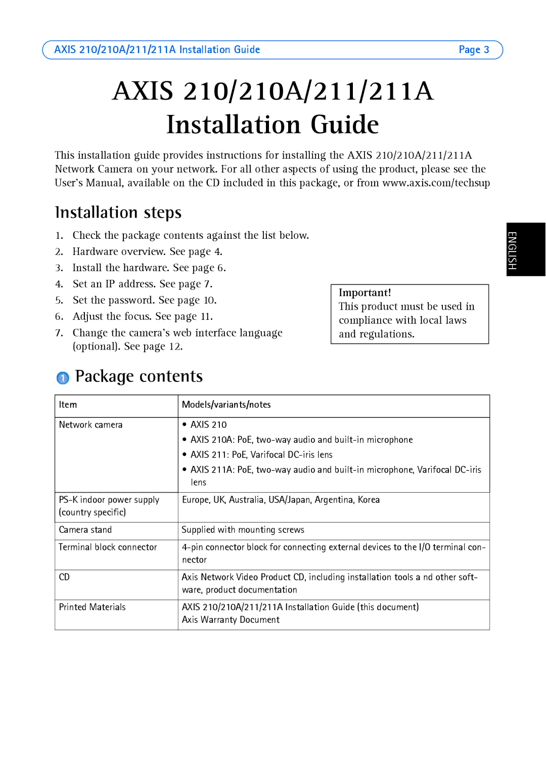 Axis Communications Axis 210A, Axis 211 manual Installation steps, Package contents 