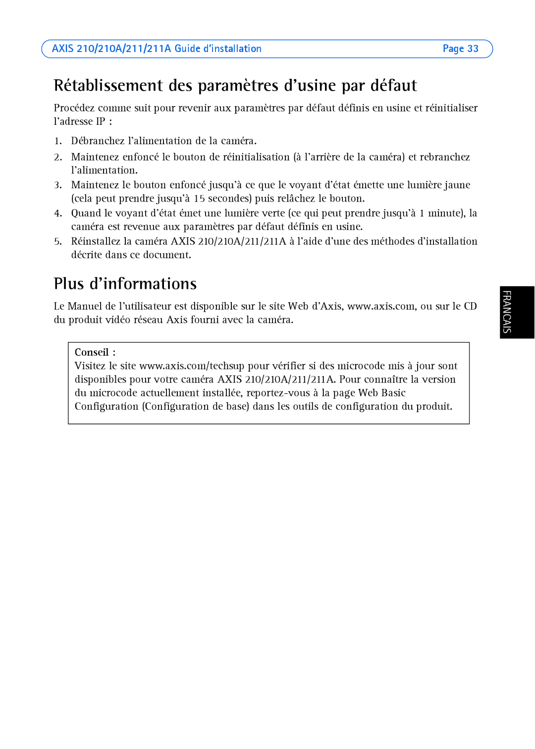 Axis Communications Axis 210A, Axis 211 manual Rétablissement des paramètres dusine par défaut, Plus dinformations 