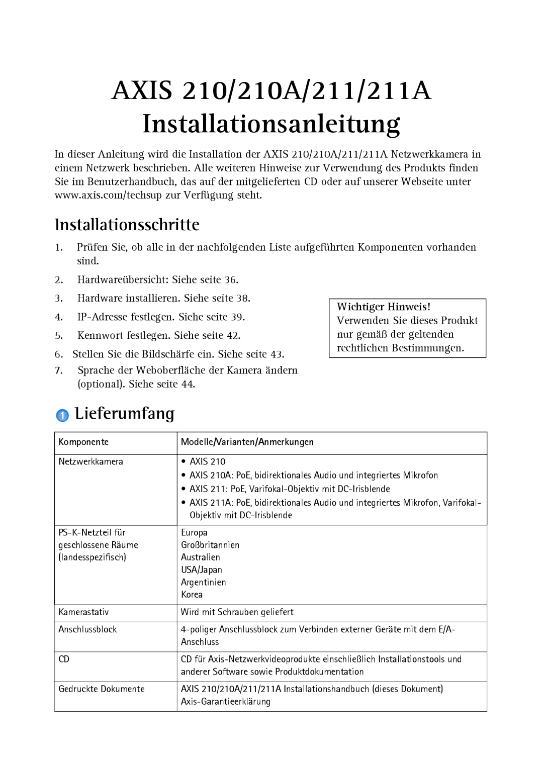 Axis Communications Axis 211, Axis 210 manual Installationsschritte, Lieferumfang, Komponente Modelle/Varianten/Anmerkungen 