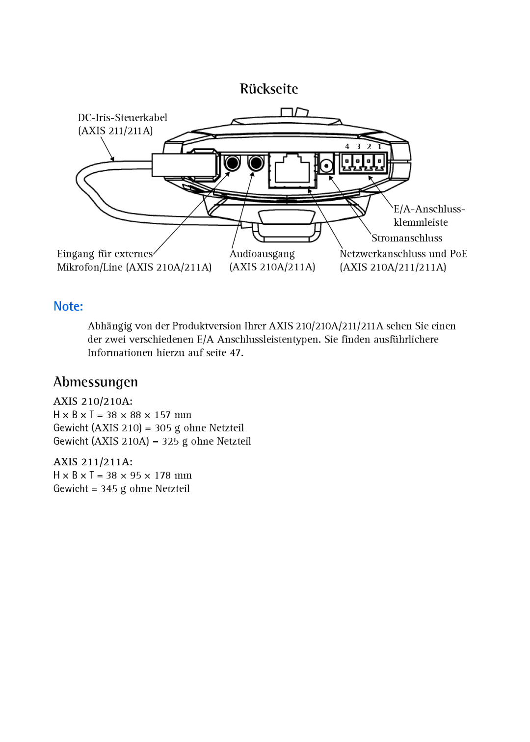 Axis Communications Axis 210A, Axis 211 manual Rückseite, Abmessungen 