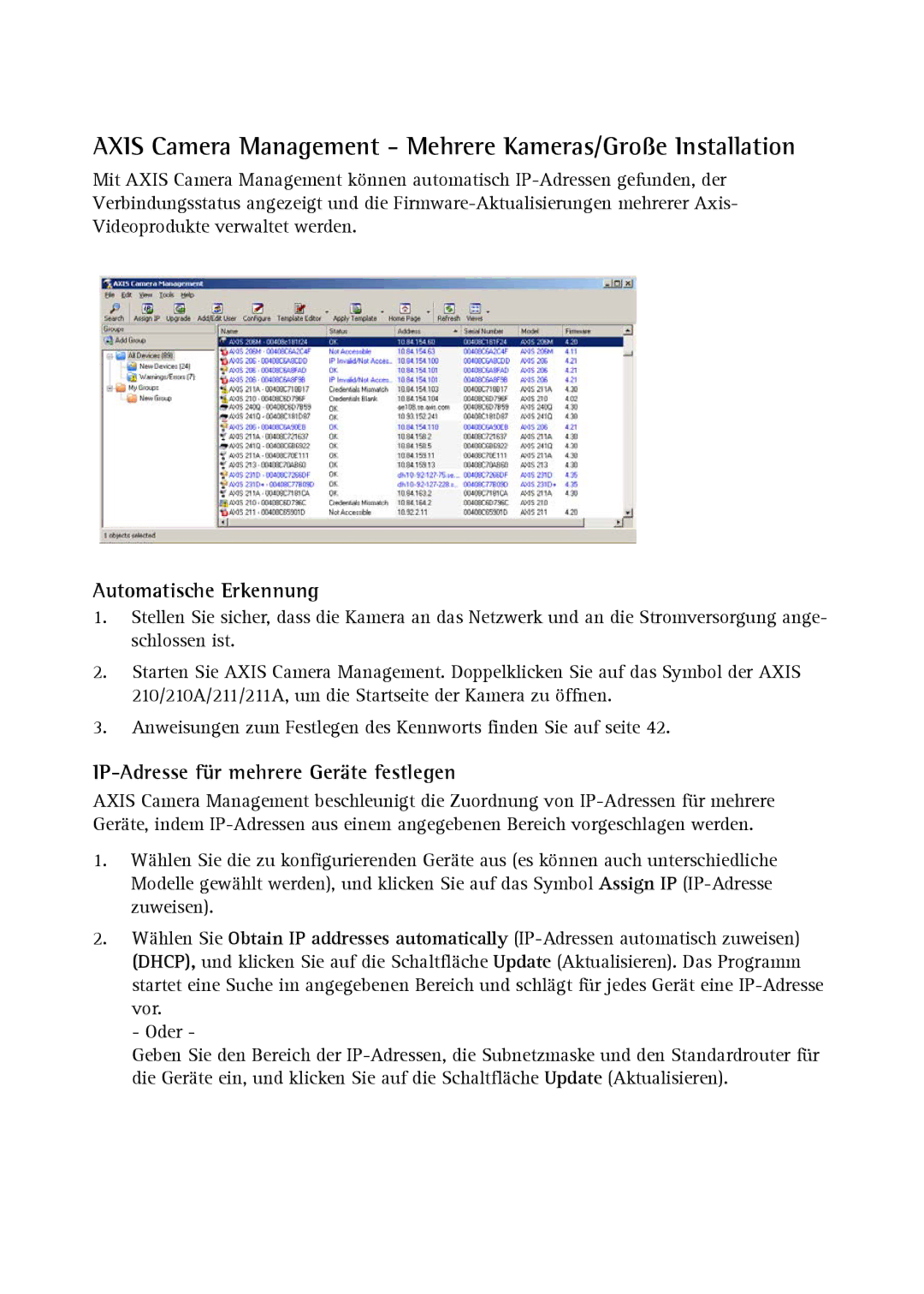 Axis Communications Axis 211, Axis 210A manual Axis Camera Management Mehrere Kameras/Große Installation 