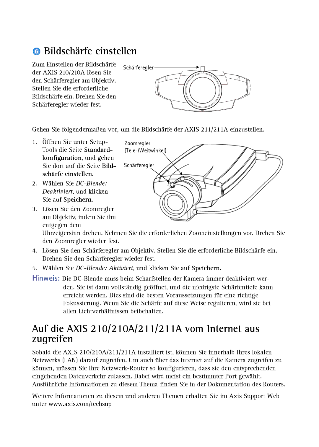 Axis Communications Axis 210A, Axis 211 Bildschärfe einstellen, Auf die Axis 210/210A/211/211A vom Internet aus zugreifen 