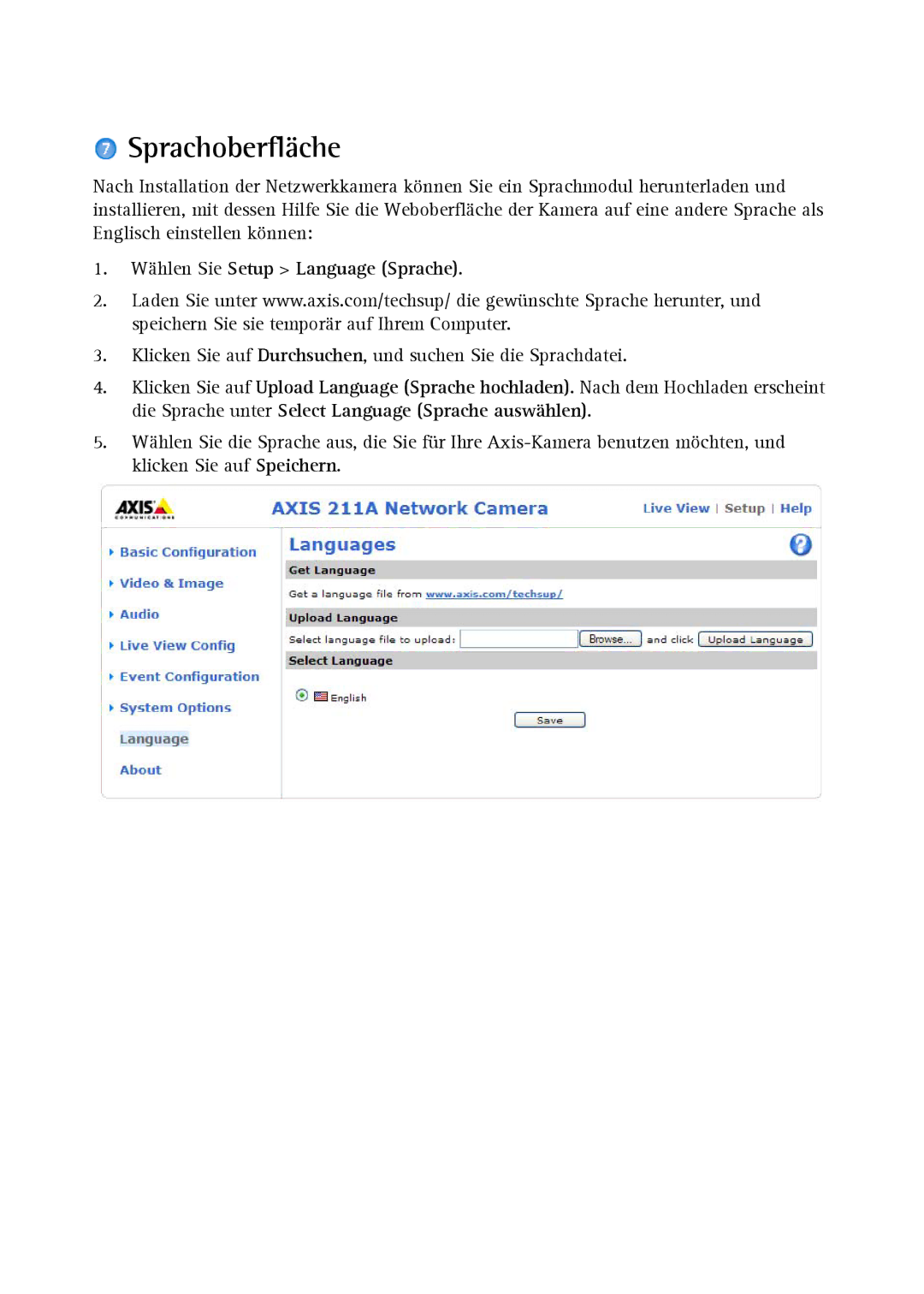 Axis Communications Axis 211, Axis 210A manual Sprachoberfläche, Wählen Sie Setup Language Sprache 