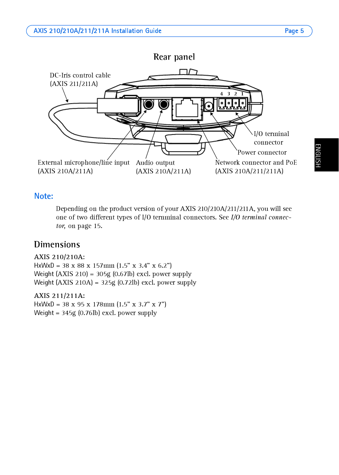 Axis Communications Axis 211, Axis 210A manual Rear panel, Dimensions 