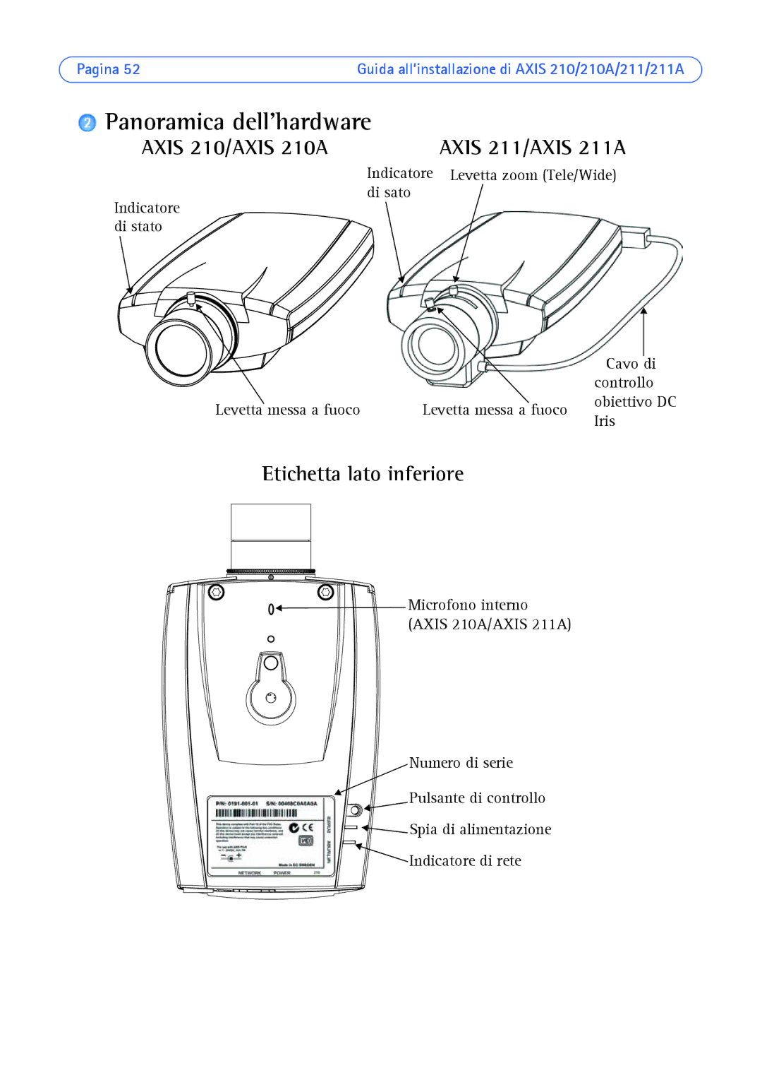 Axis Communications Axis 210A, Axis 211 manual Panoramica dell’hardware, Etichetta lato inferiore 