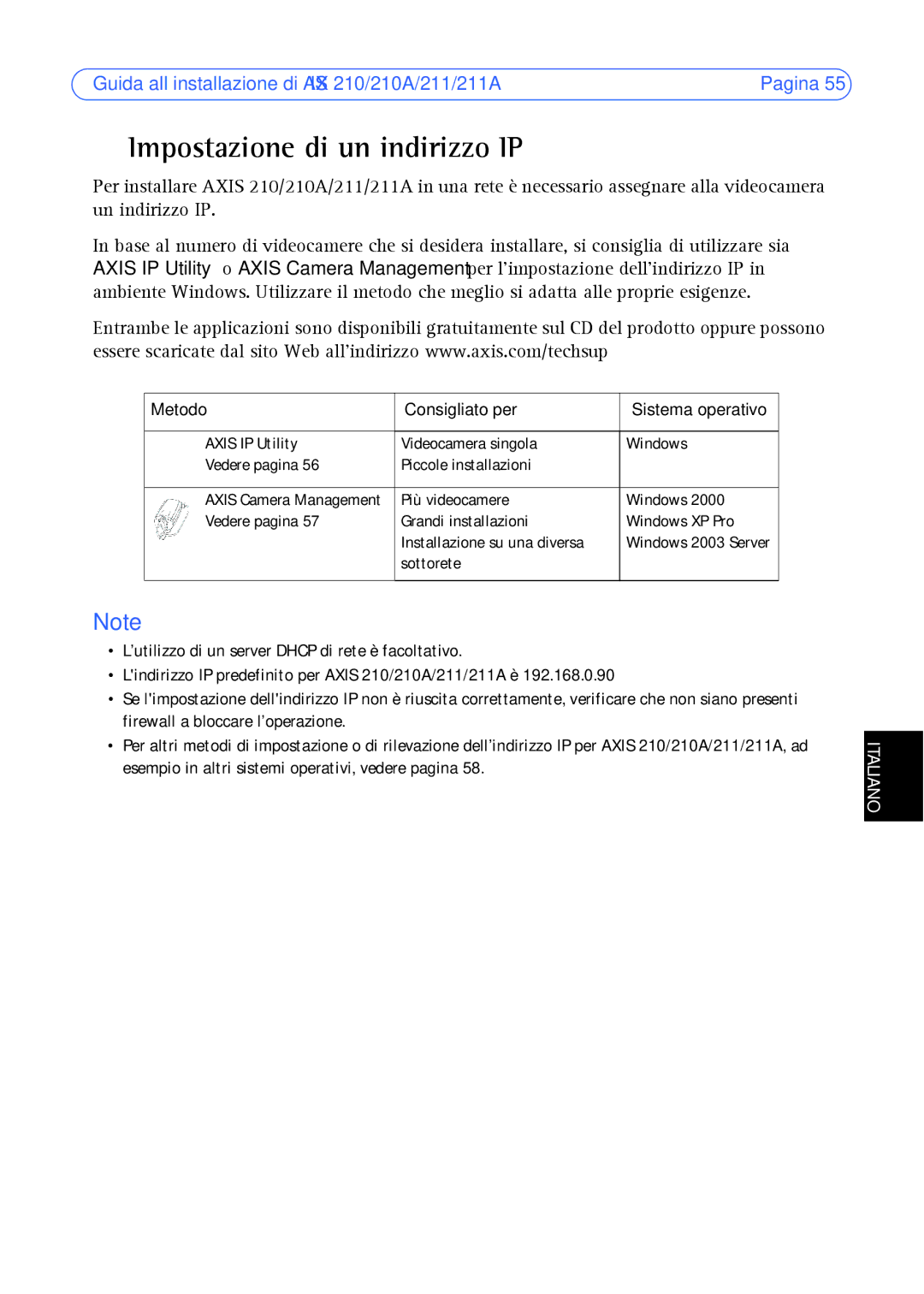 Axis Communications Axis 210A, Axis 211 manual Impostazione di un indirizzo IP, Metodo Consigliato per… 