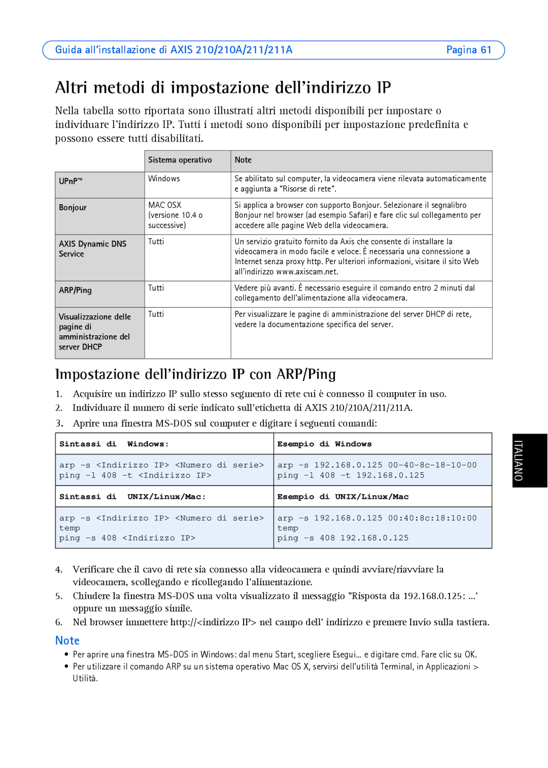 Axis Communications Axis 210A Altri metodi di impostazione dell’indirizzo IP, Impostazione dellindirizzo IP con ARP/Ping 