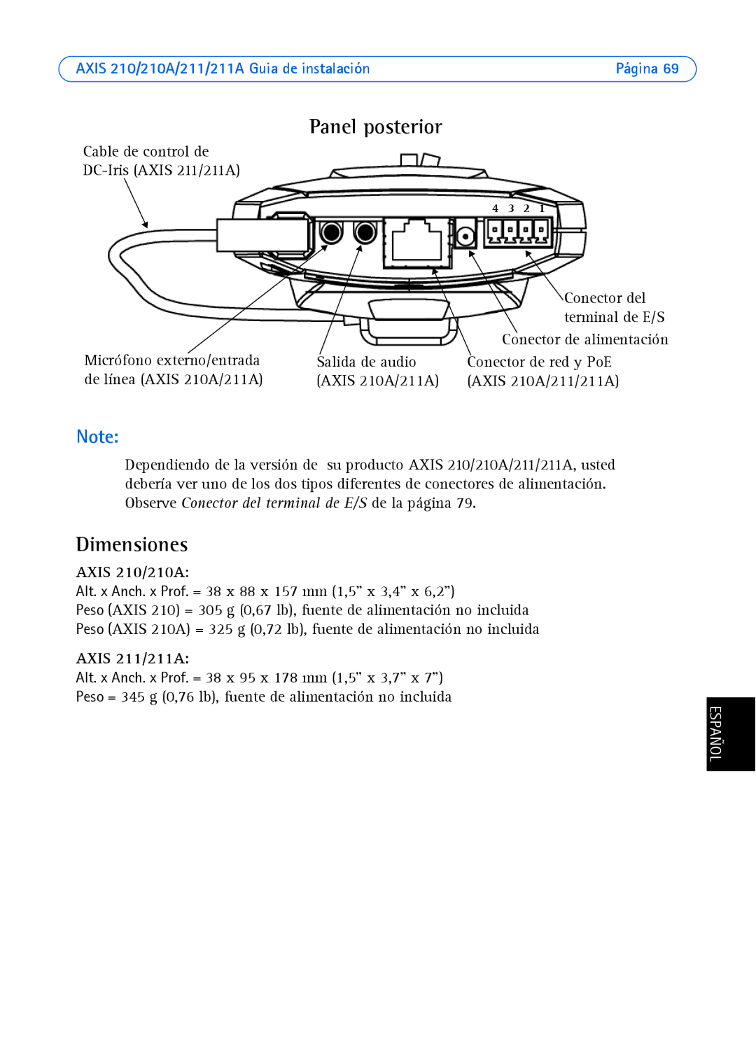 Axis Communications Axis 210A, Axis 211 manual Panel posterior, Dimensiones 