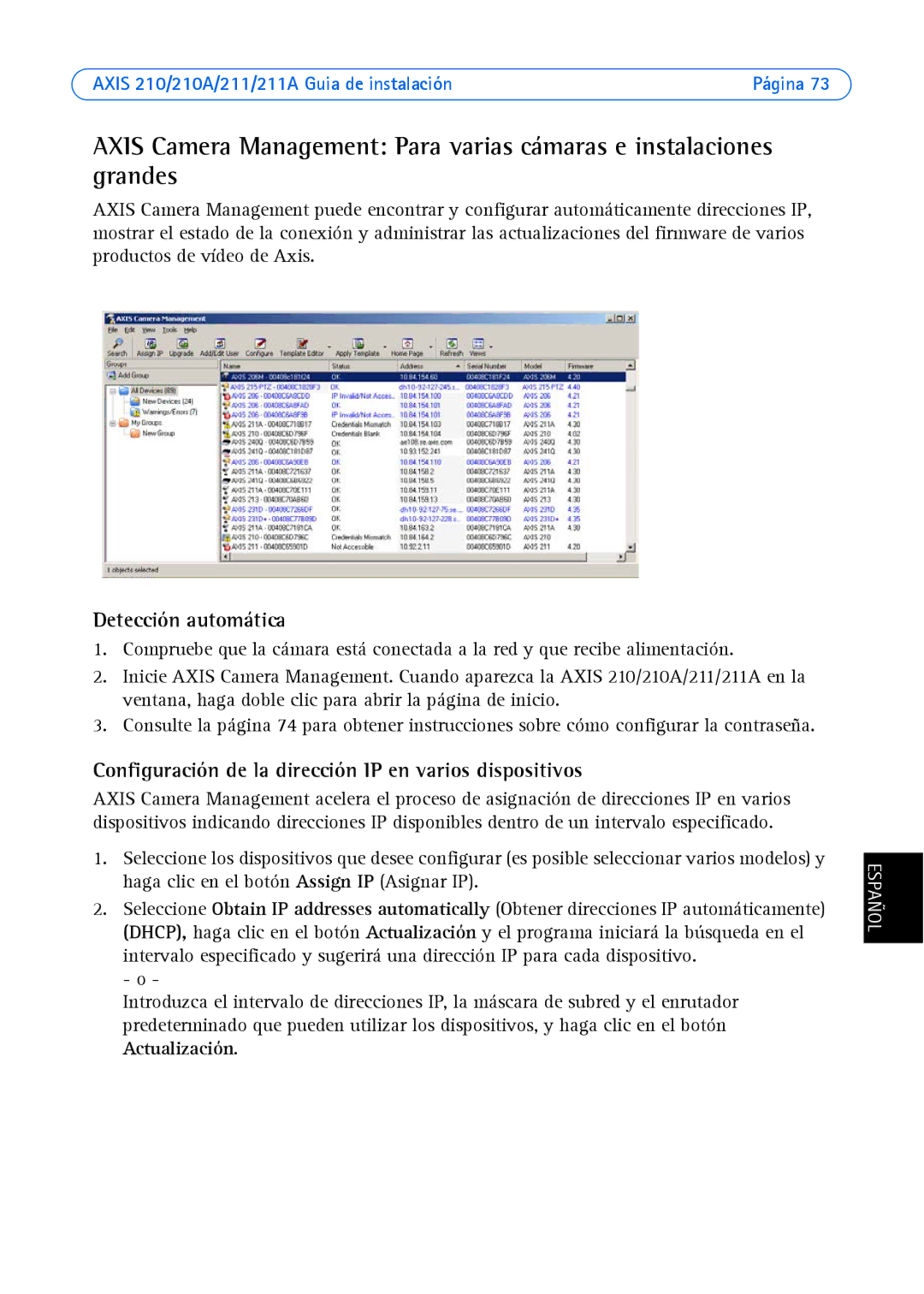 Axis Communications Axis 210A, Axis 211 manual Configuración de la dirección IP en varios dispositivos 