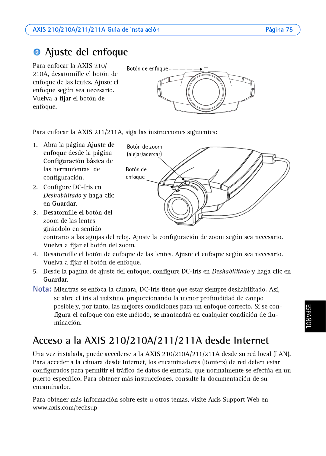 Axis Communications Axis 210A, Axis 211 manual Ajuste del enfoque, Acceso a la Axis 210/210A/211/211A desde Internet 