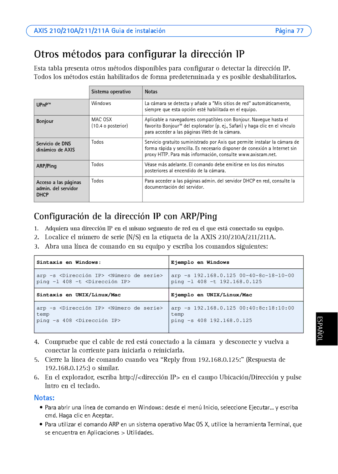 Axis Communications Axis 211 Otros métodos para configurar la dirección IP, Configuración de la dirección IP con ARP/Ping 