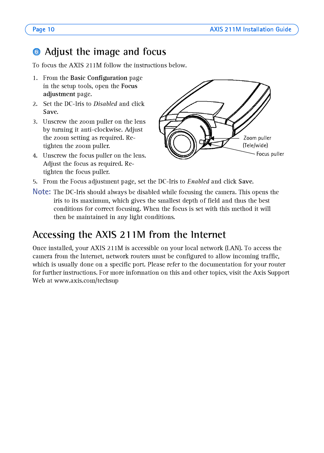 Axis Communications AXIS 211M manual Adjust the image and focus, Accessing the Axis 211M from the Internet 