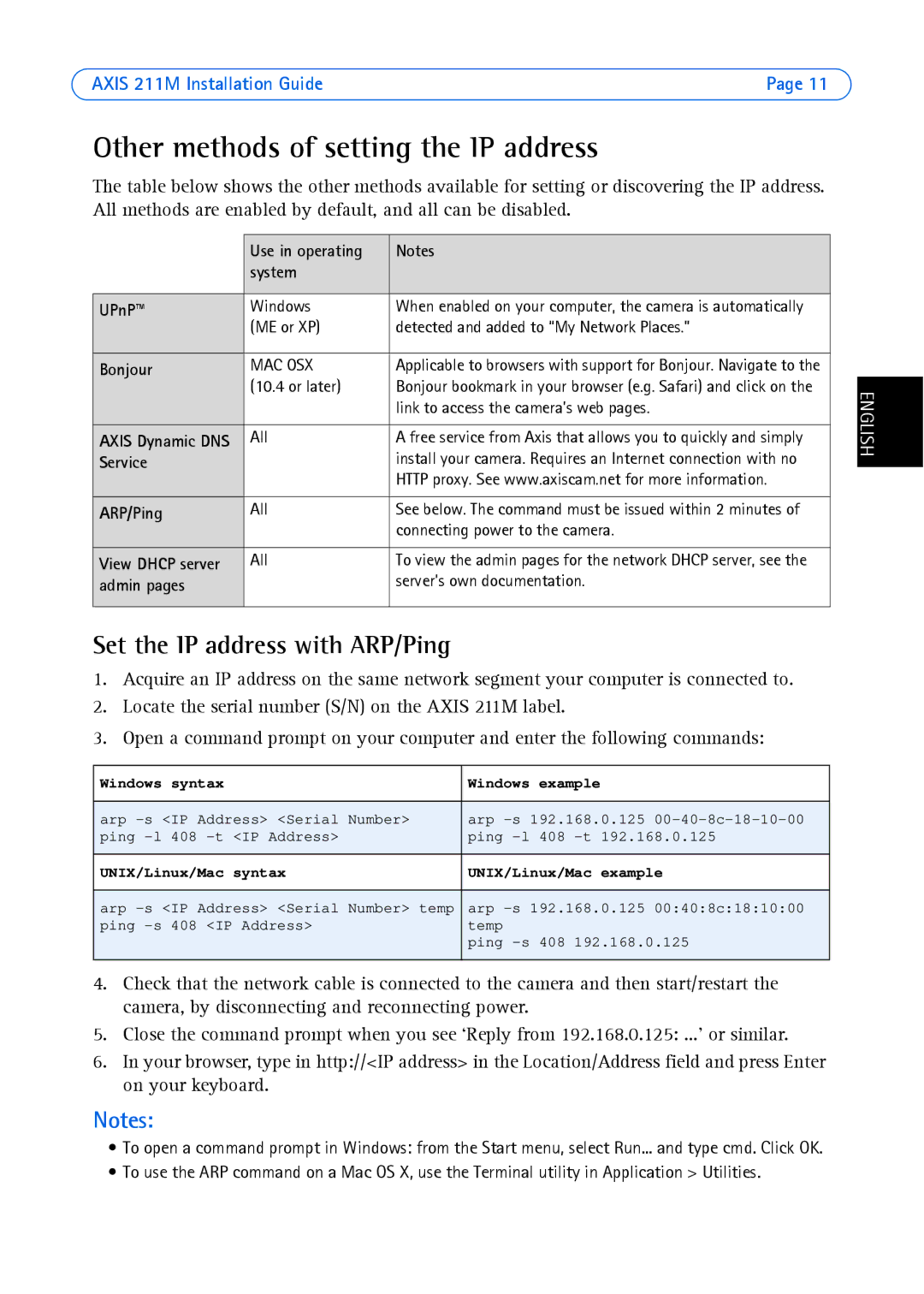 Axis Communications AXIS 211M manual Other methods of setting the IP address, Set the IP address with ARP/Ping 