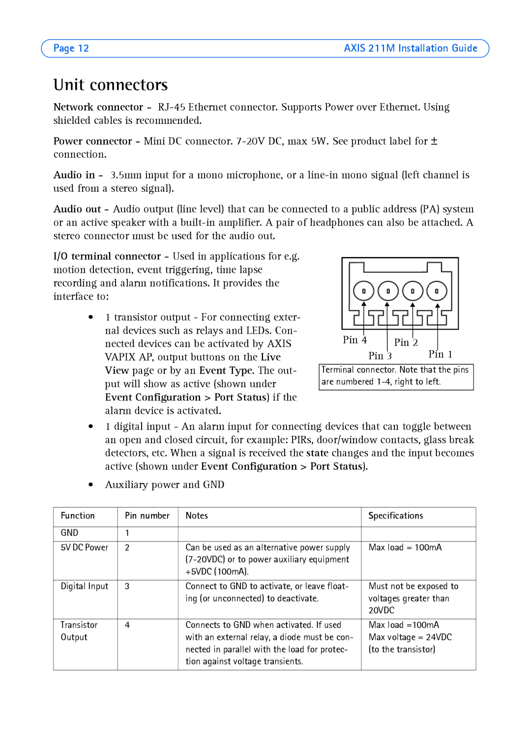 Axis Communications AXIS 211M manual Unit connectors, Function, Specifications 