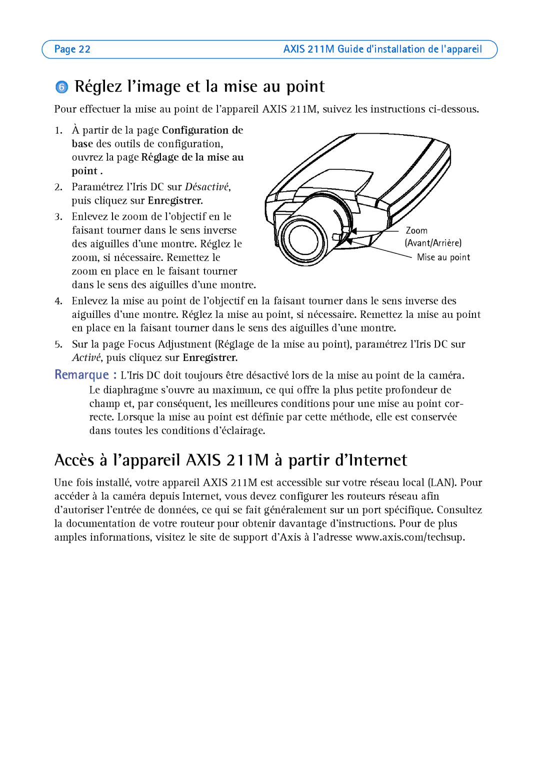 Axis Communications AXIS 211M manual Réglez limage et la mise au point, Accès à lappareil Axis 211M à partir dInternet 